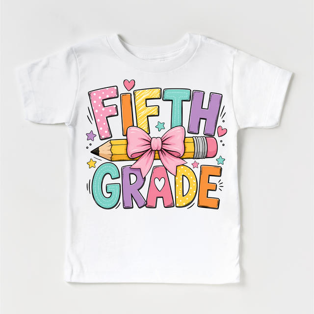 Fifth Grade Pencil Bow Shirt, Girls Back To School Tee, Cute 5th Grade Teacher Student Shirt, First Day Of School Graphic Tee