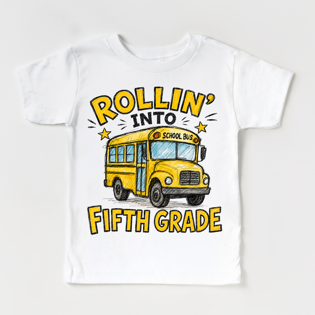 Rollin’ Into Fifth Grade School Bus Kids Graphic Tee, Back To School Shirt for Boys and Girls