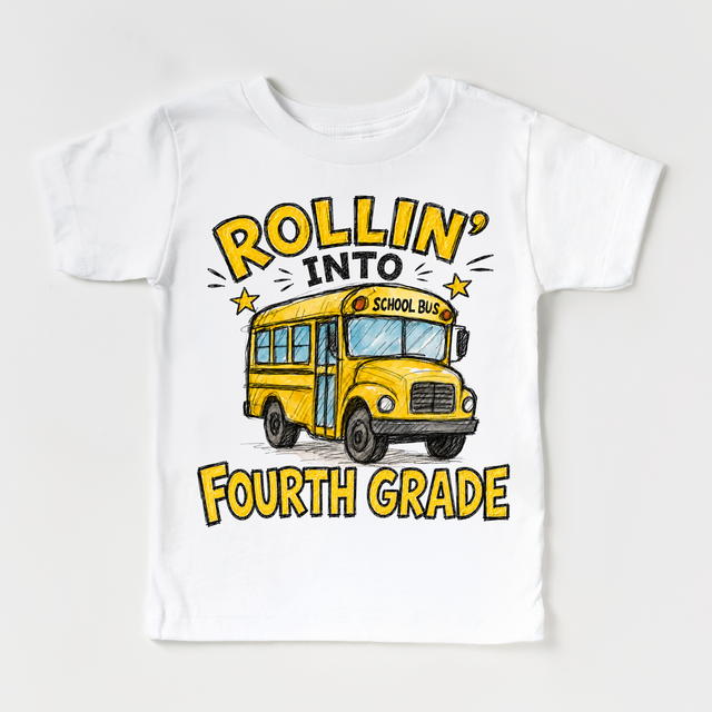 Rollin’ Into Fourth Grade School Bus Kids Graphic Tee, Back To School Shirt for Boys and Girls