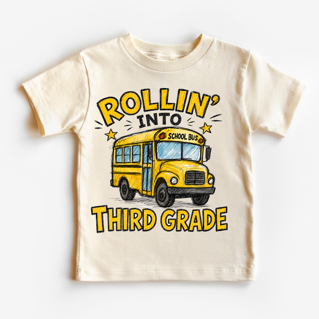 Rollin’ Into Third Grade School Bus Kids Graphic Tee, Back To School Shirt for Boys and Girls