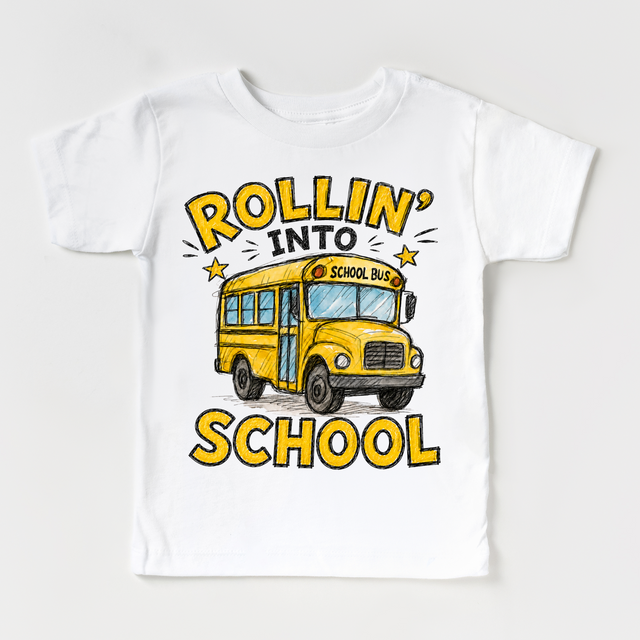 Rollin’ Into School Bus Kids Graphic Tee, Back To School Shirt for Boys and Girls