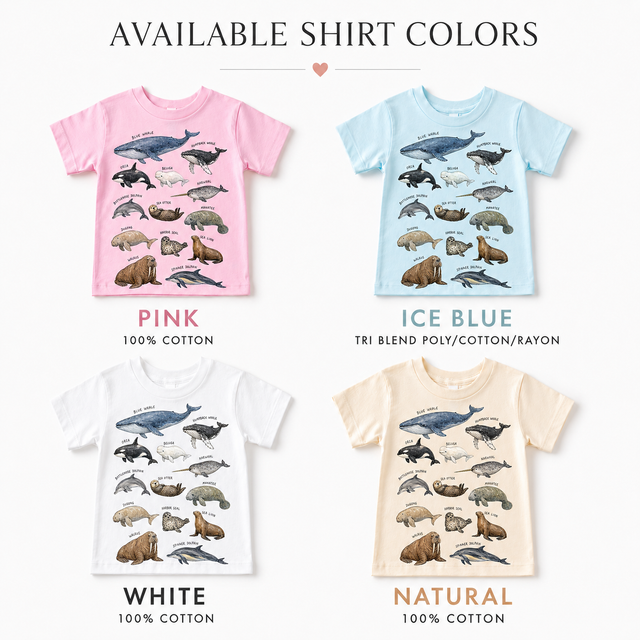 Marine Animals Graphic Tee, Ocean Life Educational Kids Shirt, Whale Dolphin Sea Otter Nature Tee