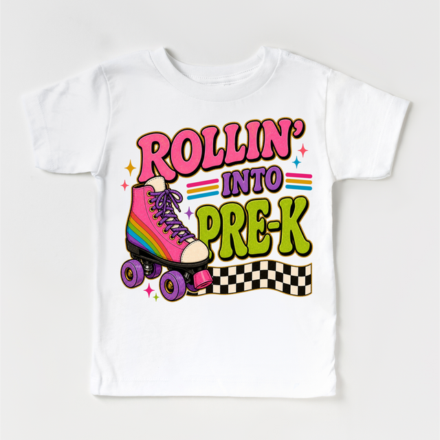 Rollin’ Into Pre-K Roller Skate Shirt, Girls Back To School Tee, Pre-k Grade First Day Of School Shirt, Retro Rainbow Skate Graphic Tee