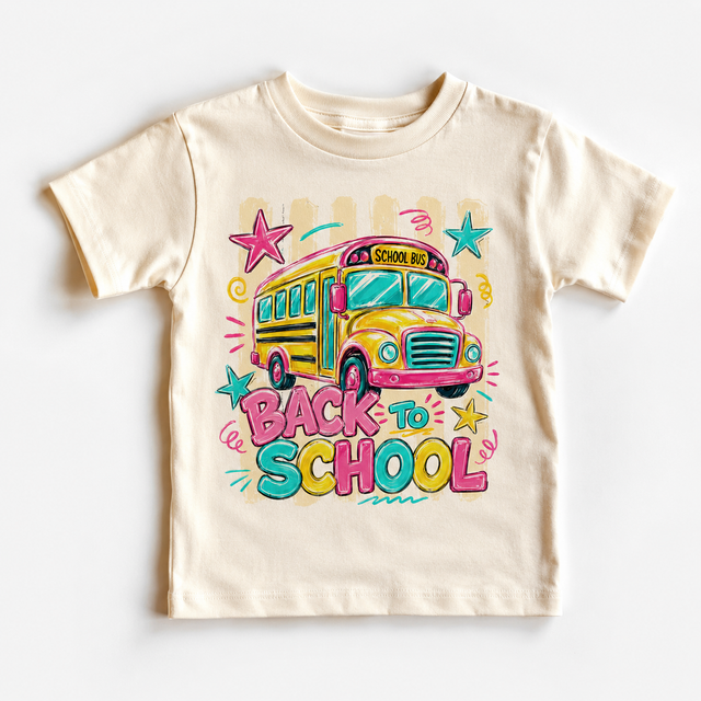 Girls Back to School Bus | Colorful Kids First Day of School | Toddler School graphic T-shirt by Madi Moosh
