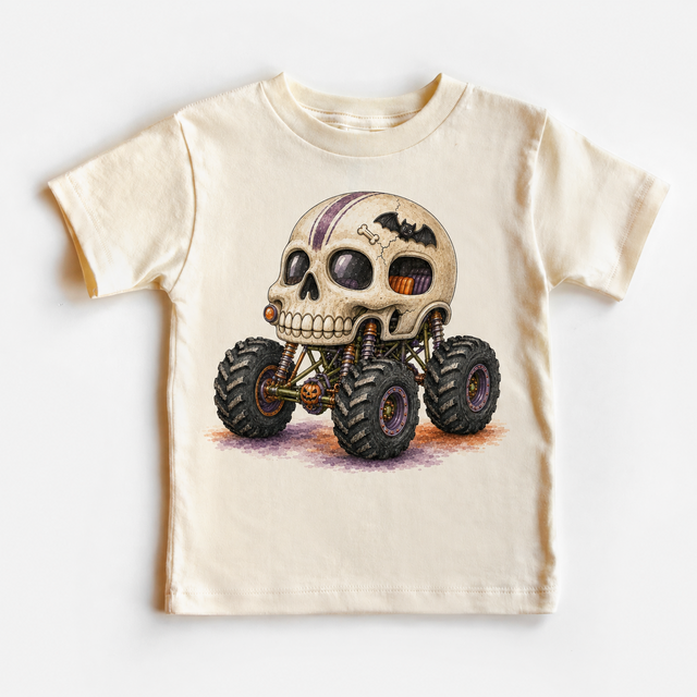 Skull monster truck natural kids shirt with spooky skeleton vehicle graphic
