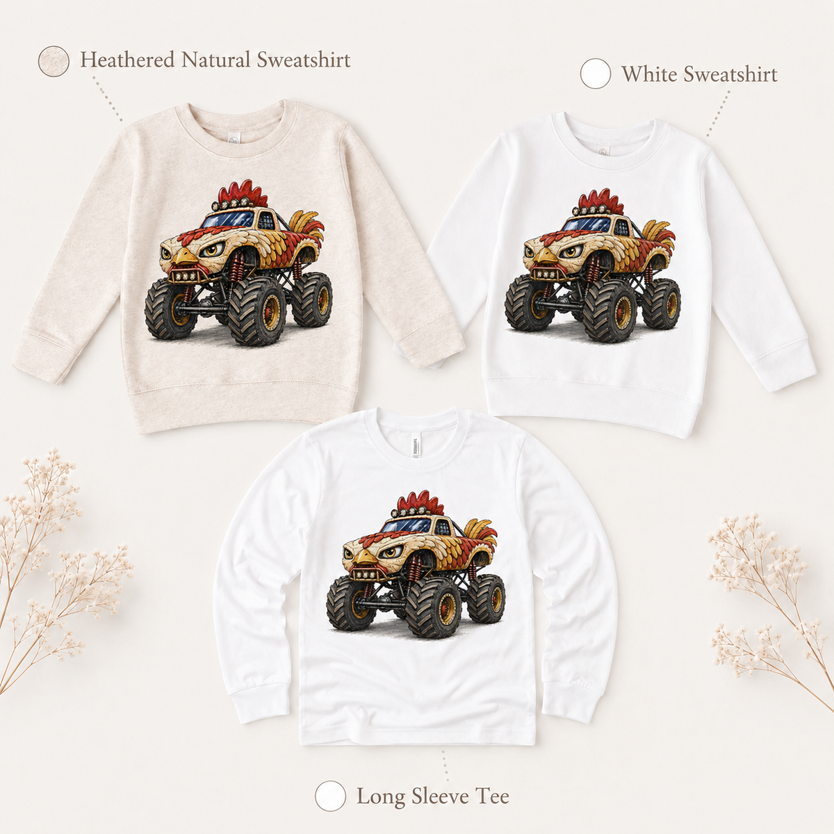 Rooster monster truck long sleeve tee and kids sweatshirt options