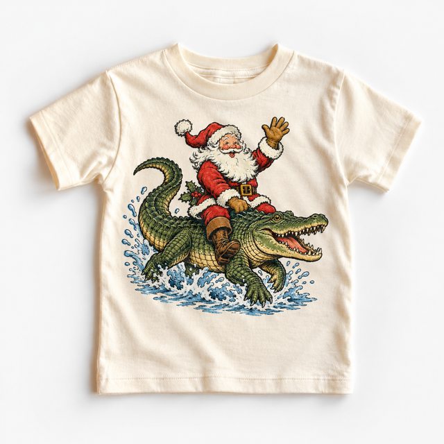Santa riding an alligator Christmas design on a natural tee by Madi Moosh