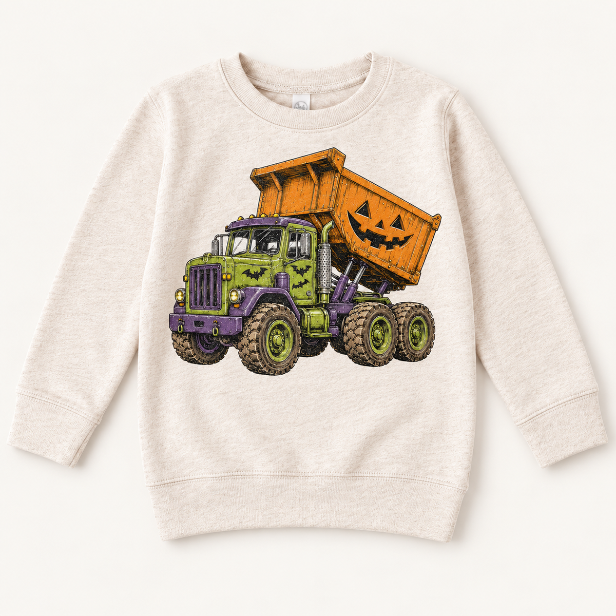 heather natural sweatshirt with Halloween dump truck, bats and orange jack-o-lantern bed