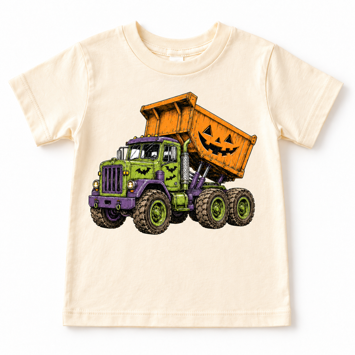 natural tee with Halloween dump truck, bats and orange jack-o-lantern bed