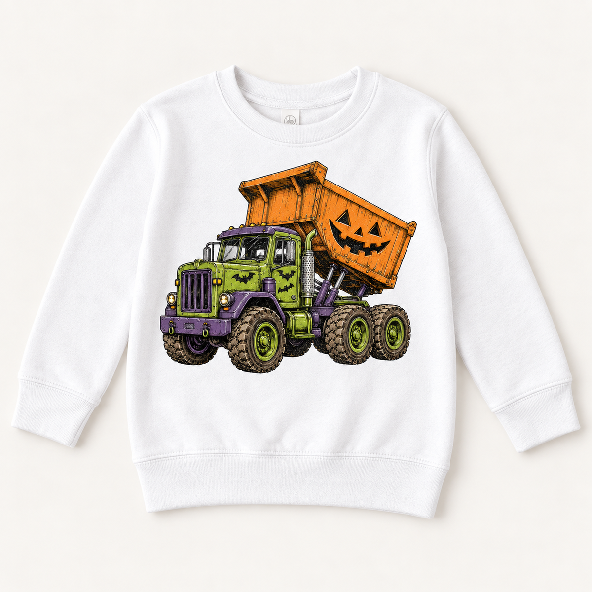 white sweatshirt with Halloween dump truck, bats and orange jack-o-lantern bed