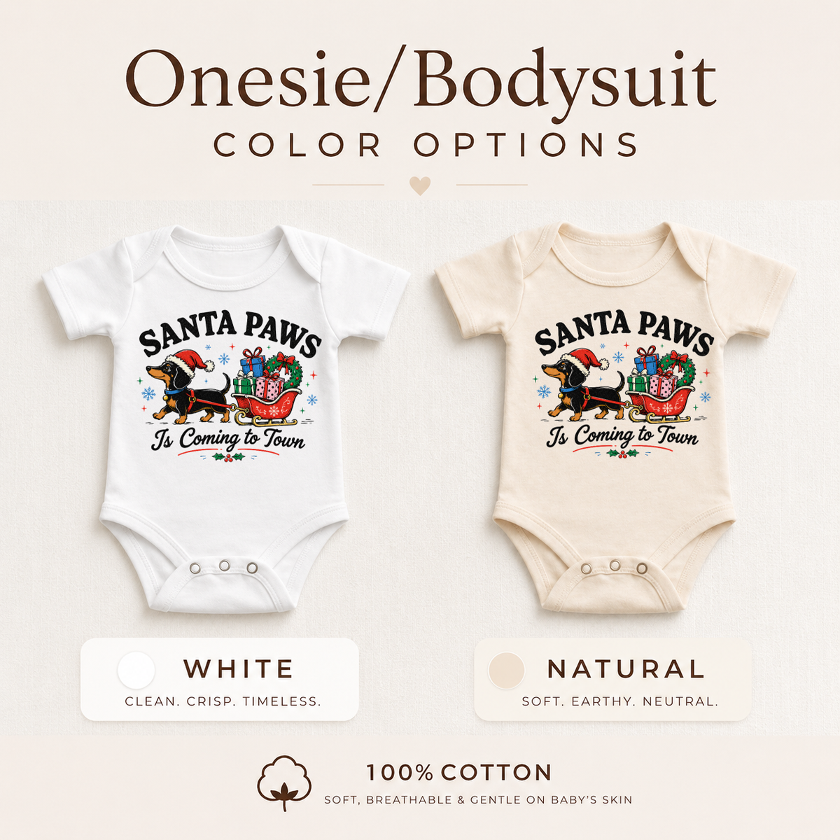 Santa Paws Christmas baby bodysuits in white and natural featuring a dachshund in a Santa hat pulling a sleigh