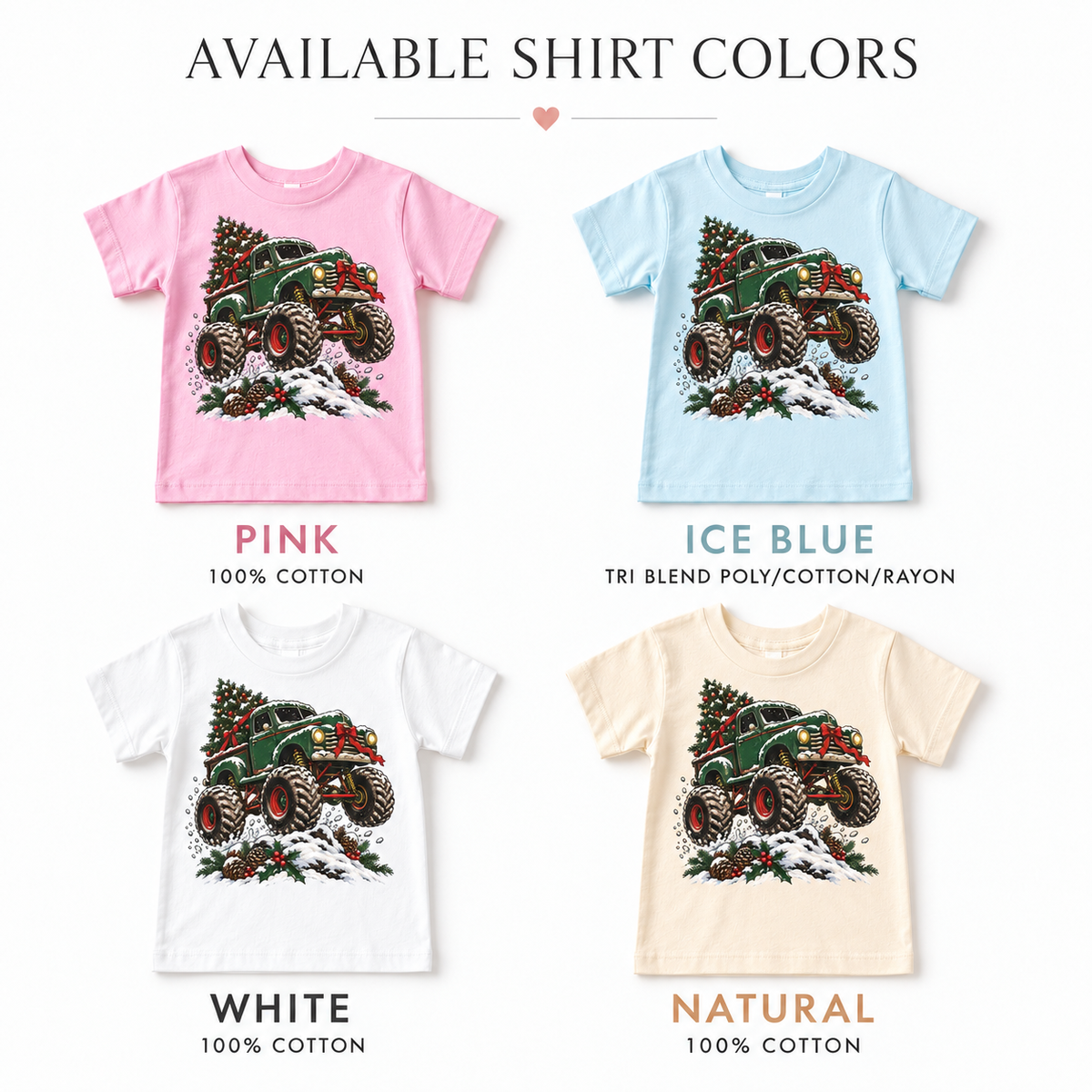Green Christmas Monster Truck Shirt for Kids – Snowy Tree short sleeve tee color options