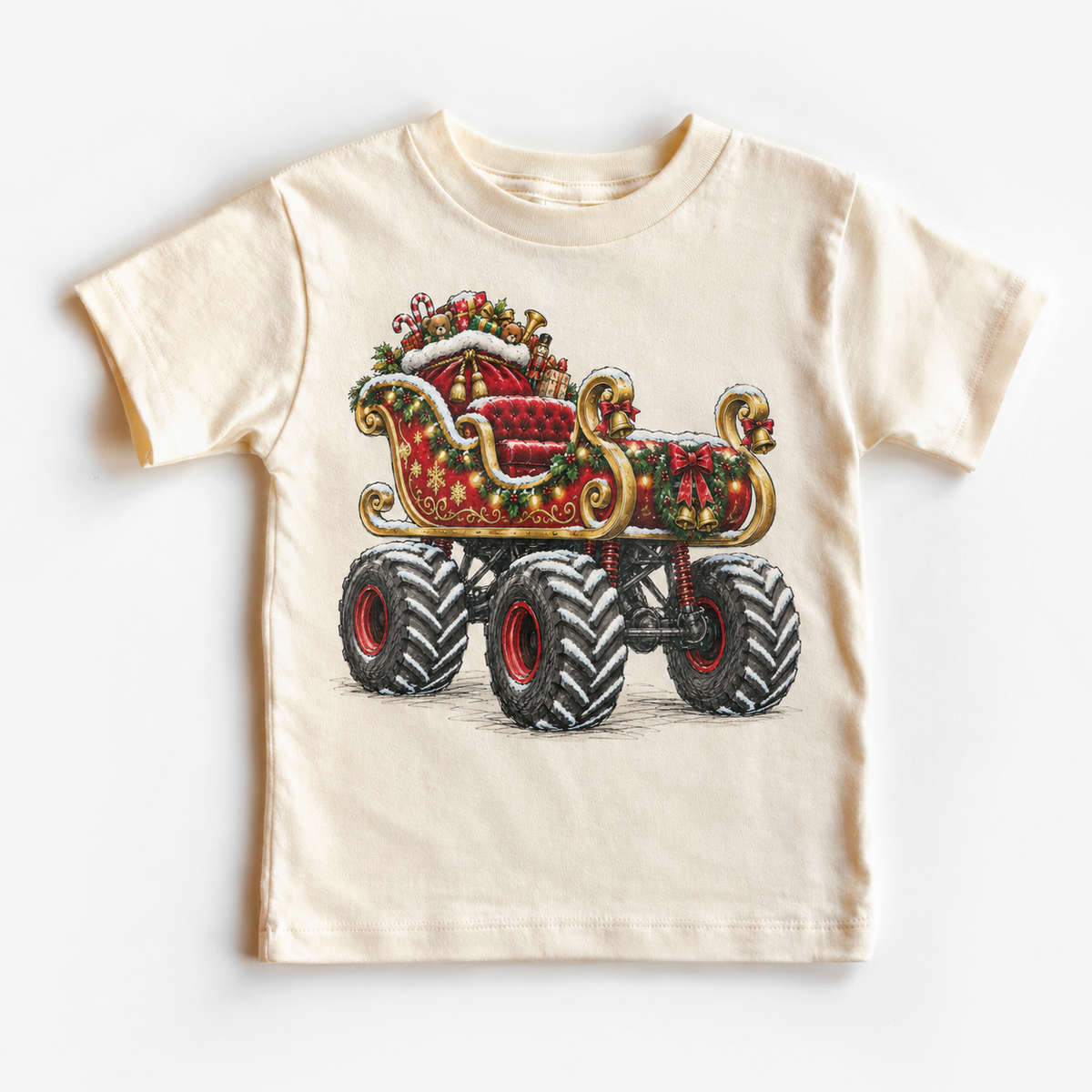 Santa Sleigh Monster Truck Christmas Shirt for Kids natural short sleeve tee