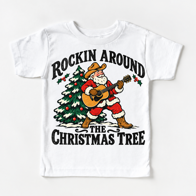 Rockin Around the Christmas Tree cowboy Santa guitar graphic on White Short Sleeve Tee