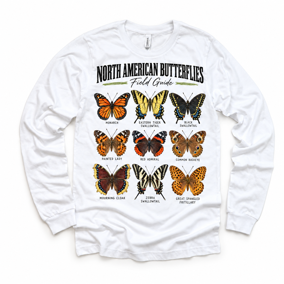 Butterfly field guide graphic on white long sleeve tee