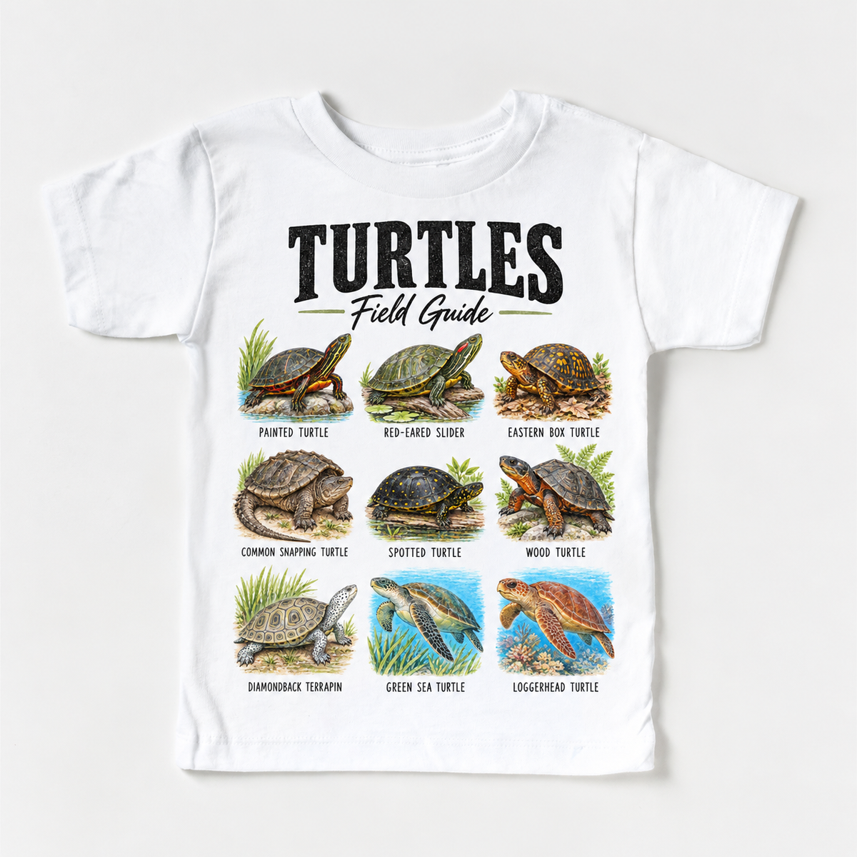 Turtle field guide graphic on White Short Sleeve Tee