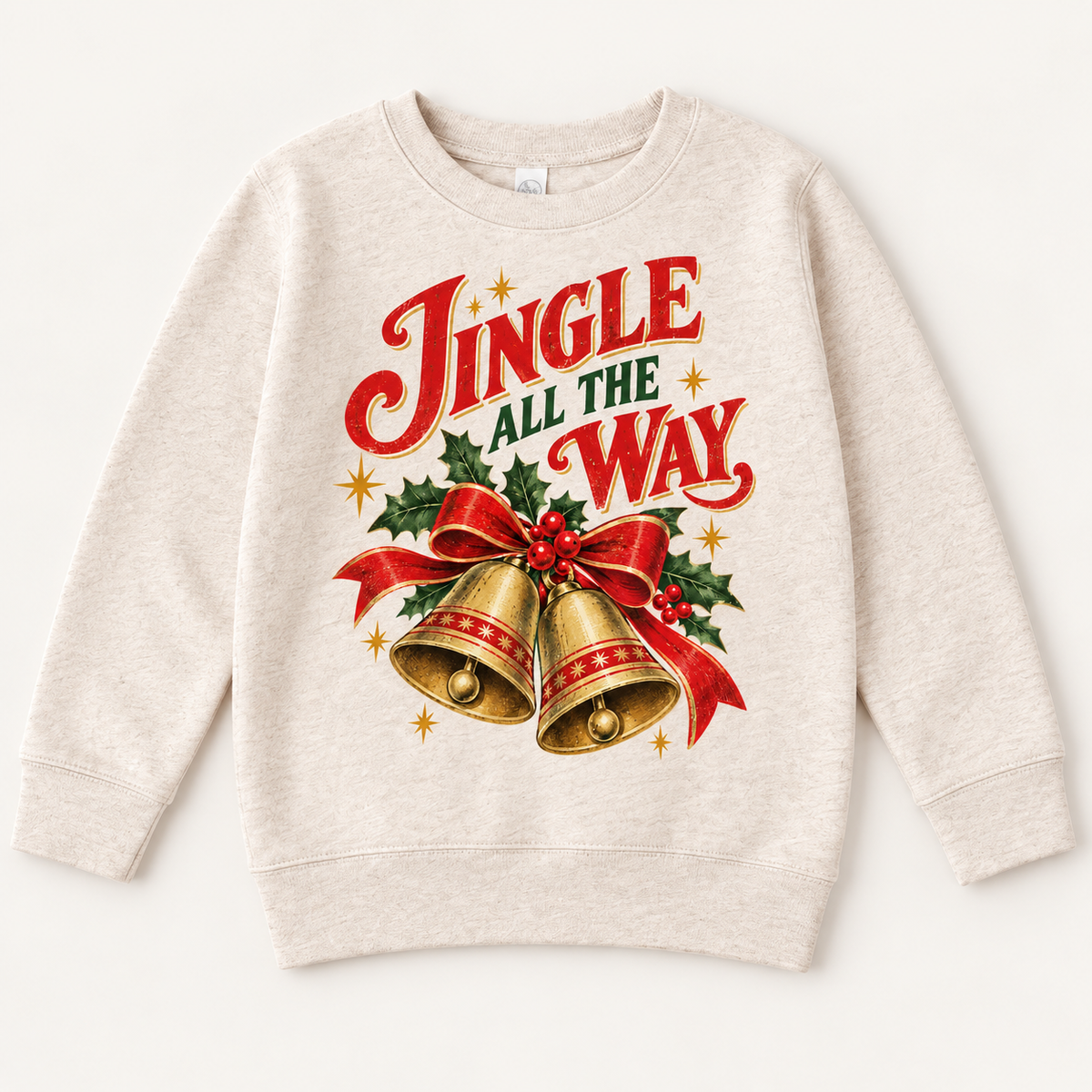 Jingle All the Way vintage Christmas bells and holly design on natural sweatshirt