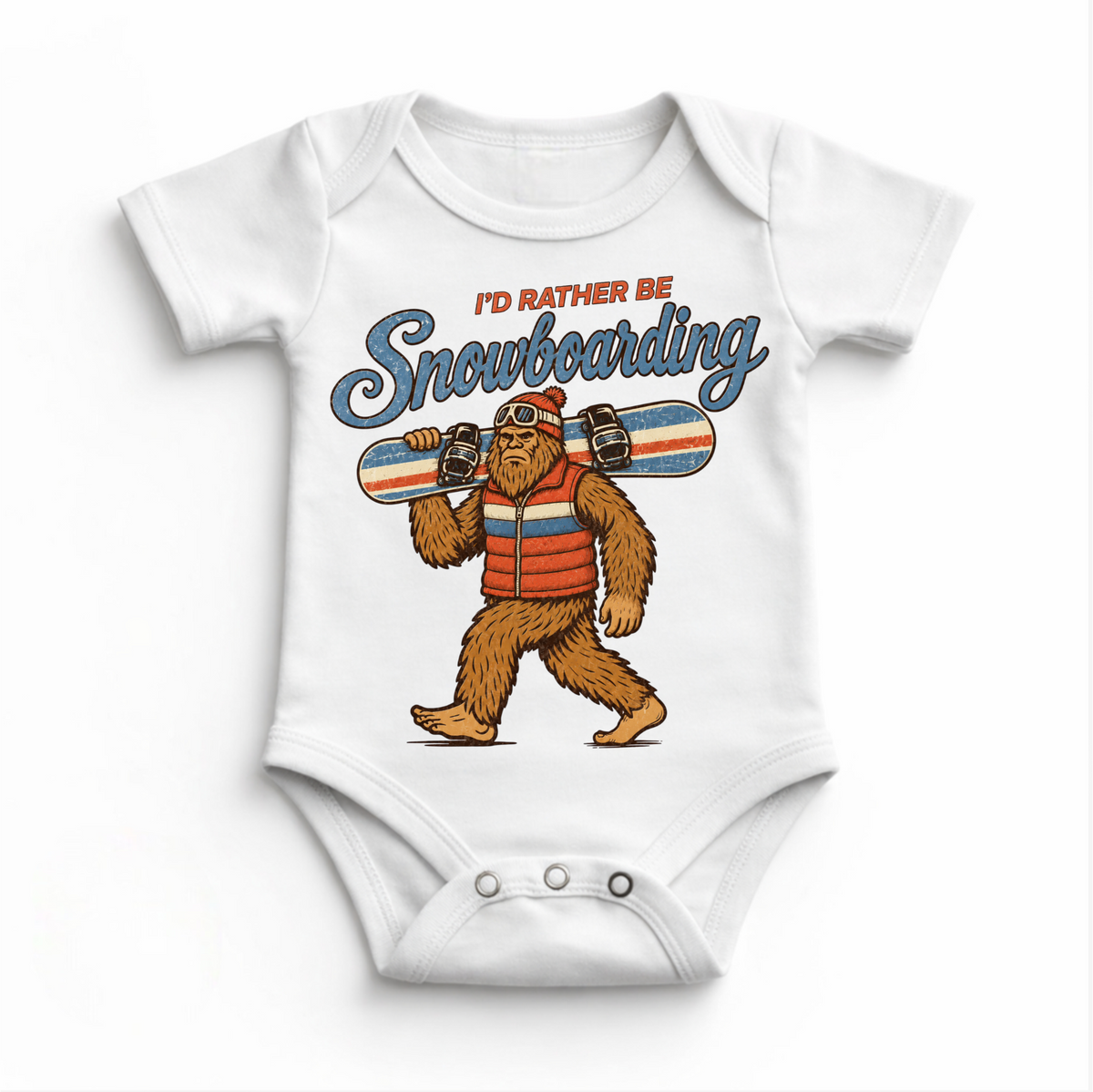 I'd Rather Be Snowboarding retro Bigfoot design on a white baby bodysuit