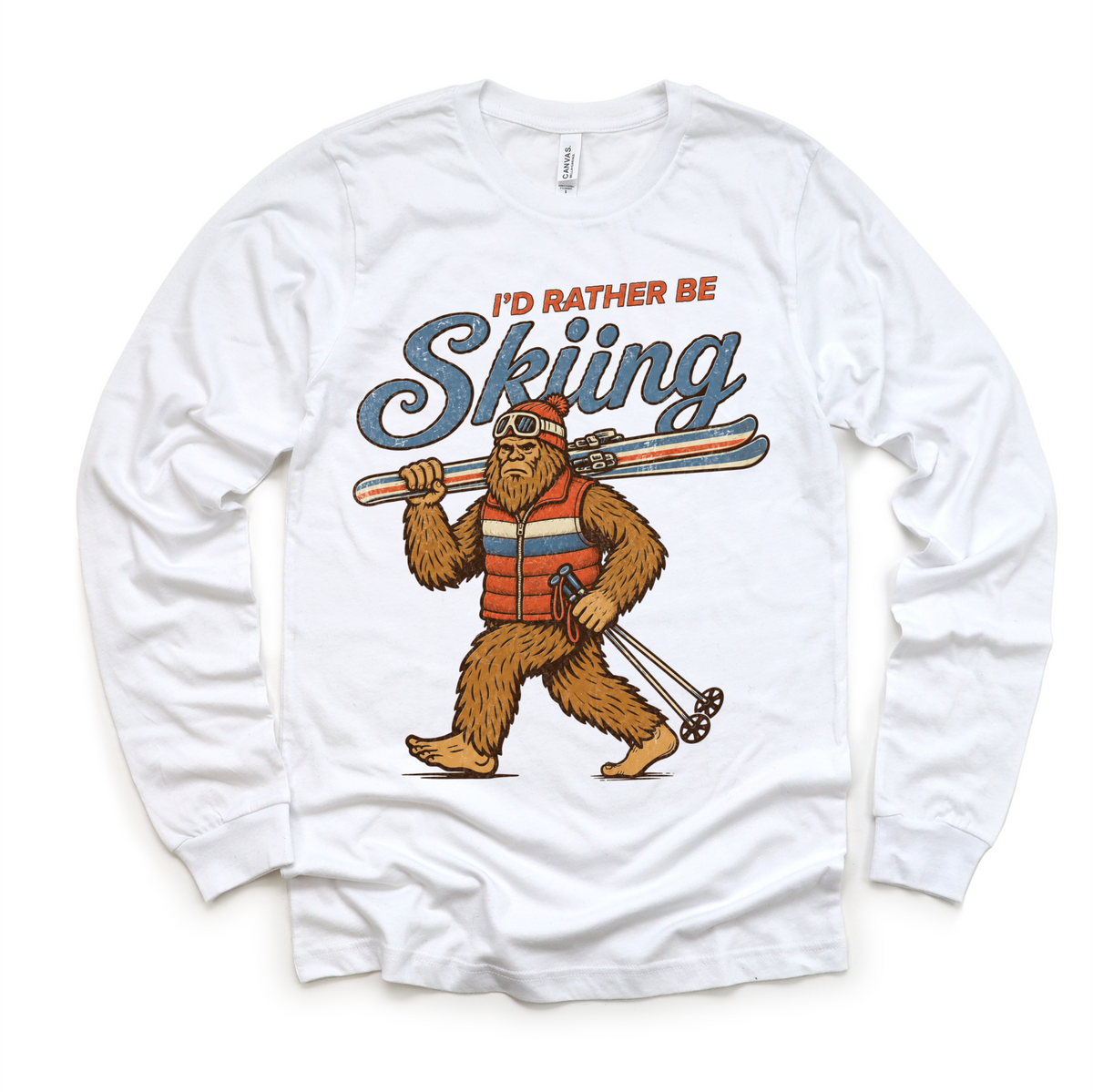 I'd Rather Be Skiing retro Bigfoot carrying skis design on a white long sleeve tee