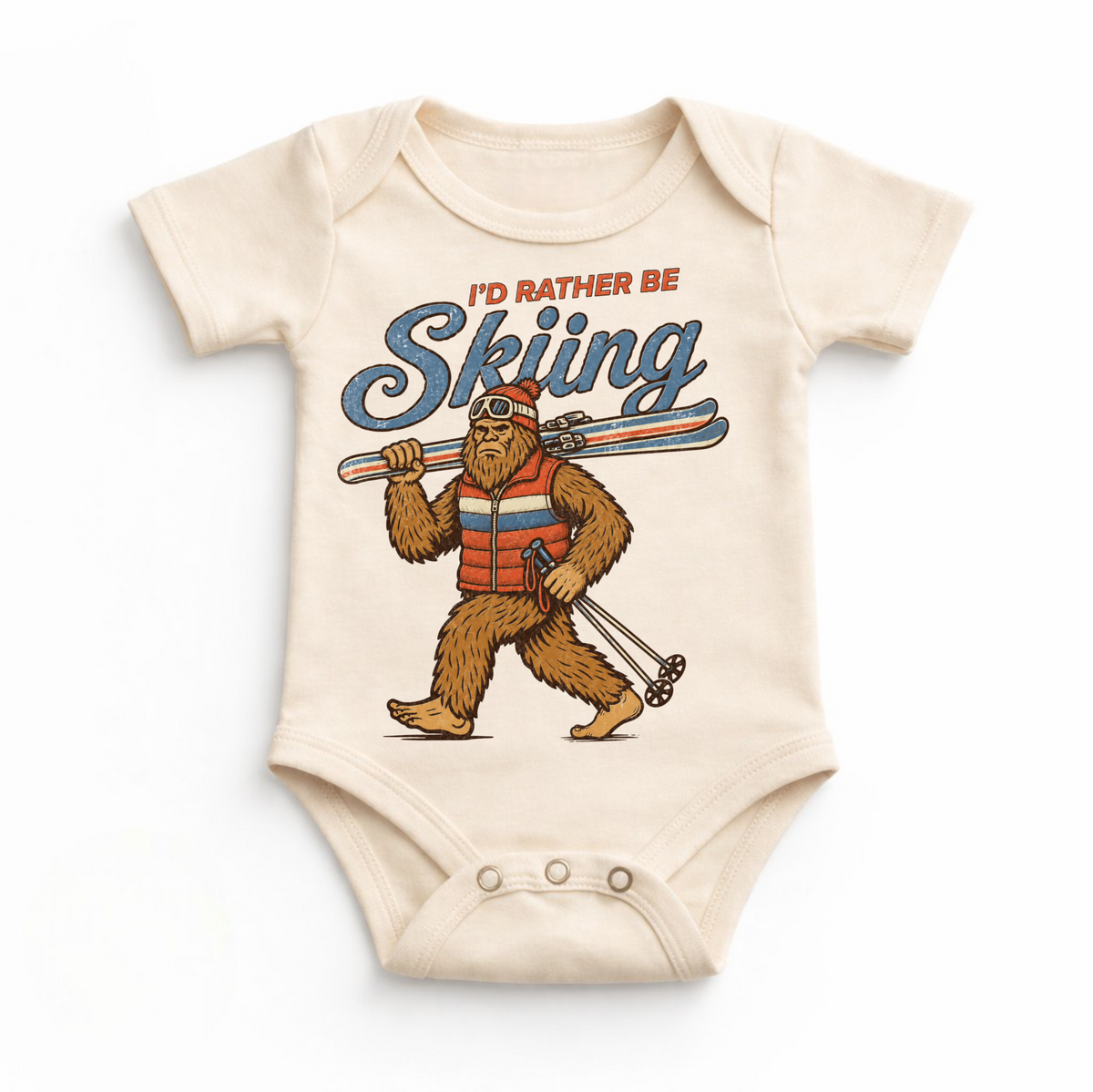 I'd Rather Be Skiing retro Bigfoot carrying skis design on a natural baby bodysuit