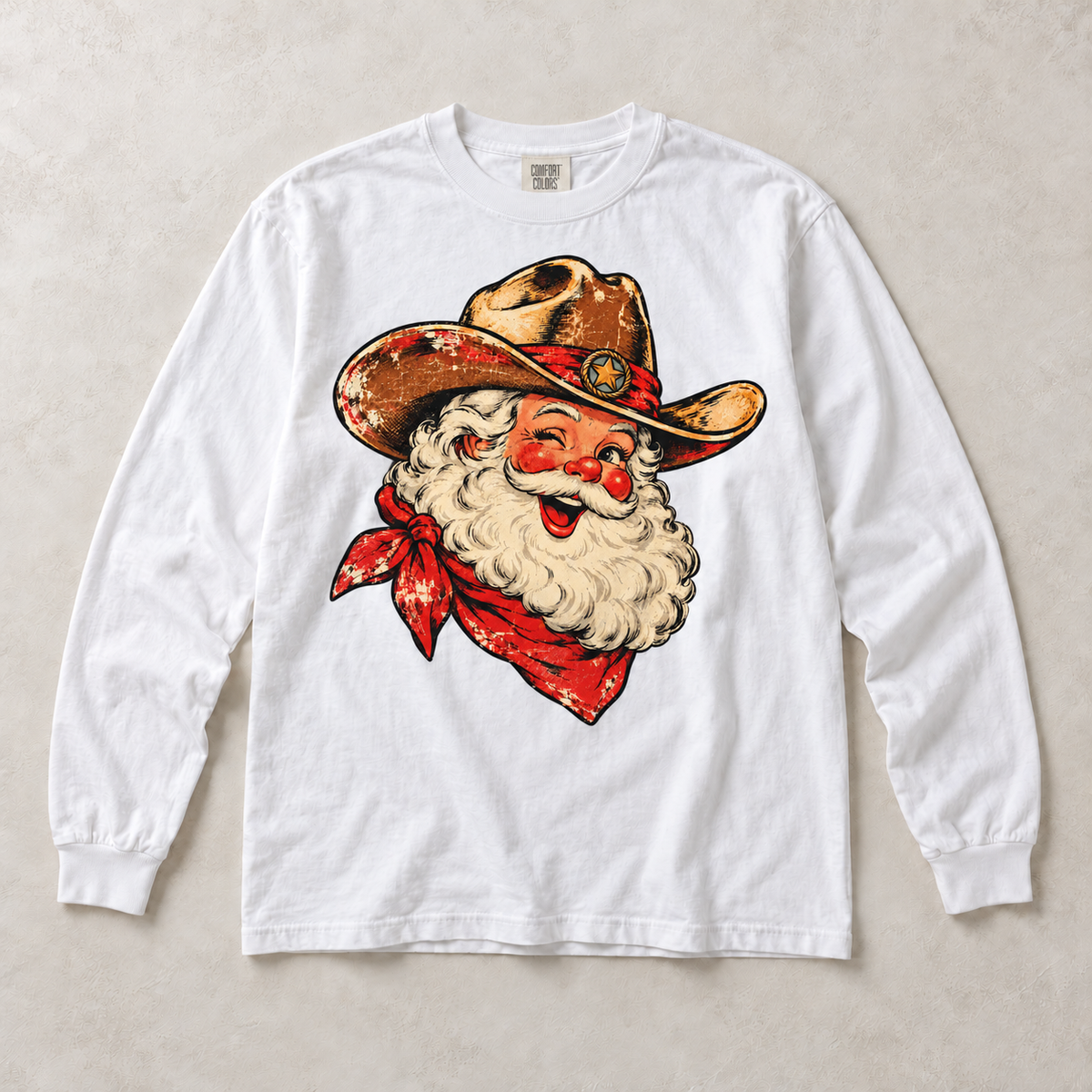 White Comfort Colors long-sleeve T-shirt with vintage cowboy Santa in western hat and red bandana