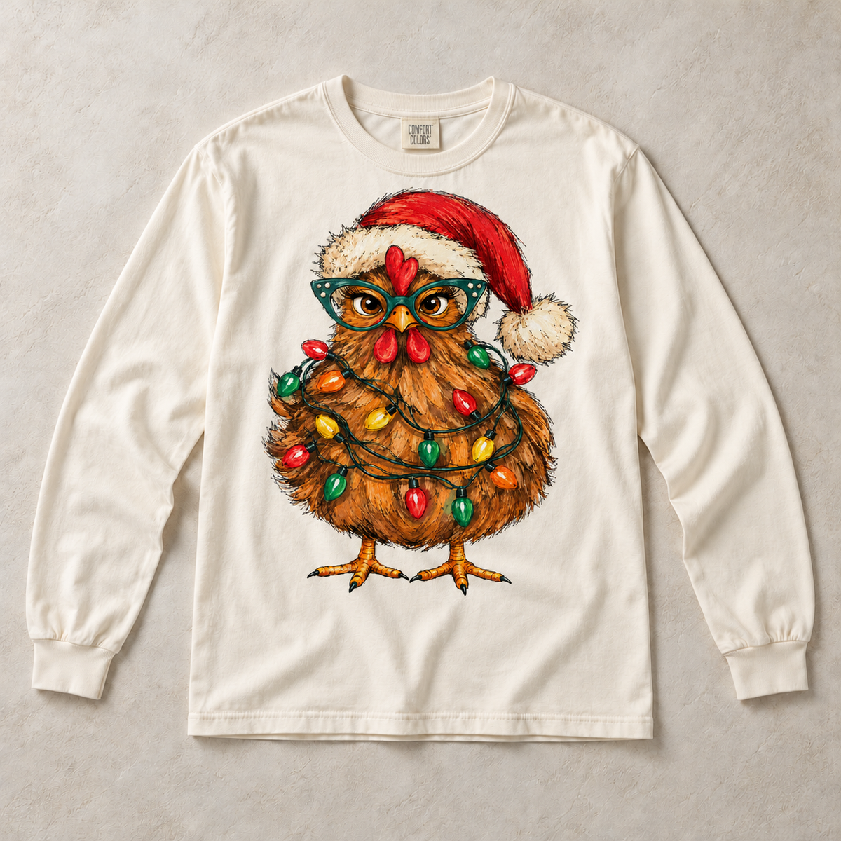 Ivory Comfort Colors long-sleeve T-shirt with Christmas chicken in Santa hat and colorful holiday lights