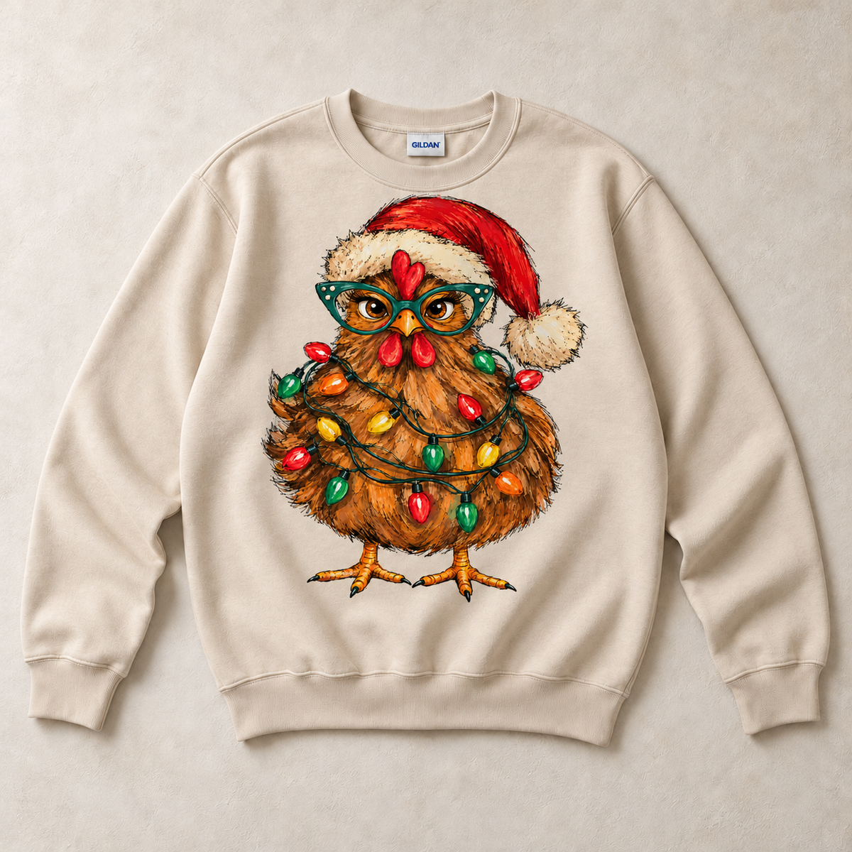 Sand Gildan crewneck sweatshirt with Christmas chicken in Santa hat and colorful holiday lights