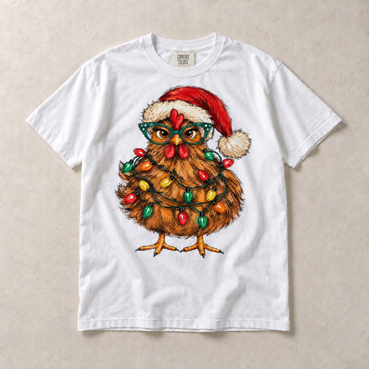 White Comfort Colors short-sleeve T-shirt with Christmas chicken in Santa hat and colorful holiday lights