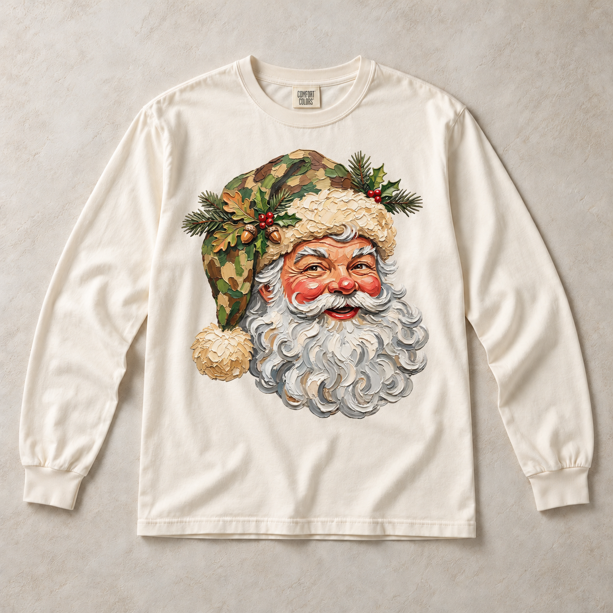 Ivory Comfort Colors long-sleeve T-shirt with woodland camouflage Santa graphic