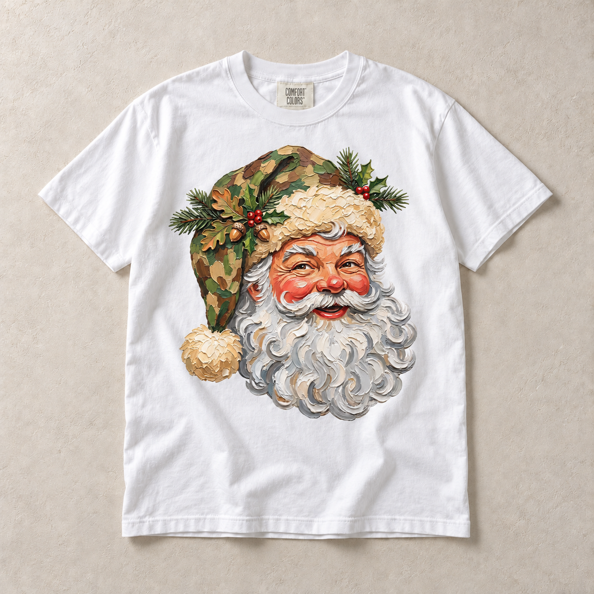 White Comfort Colors short-sleeve T-shirt with woodland camouflage Santa graphic