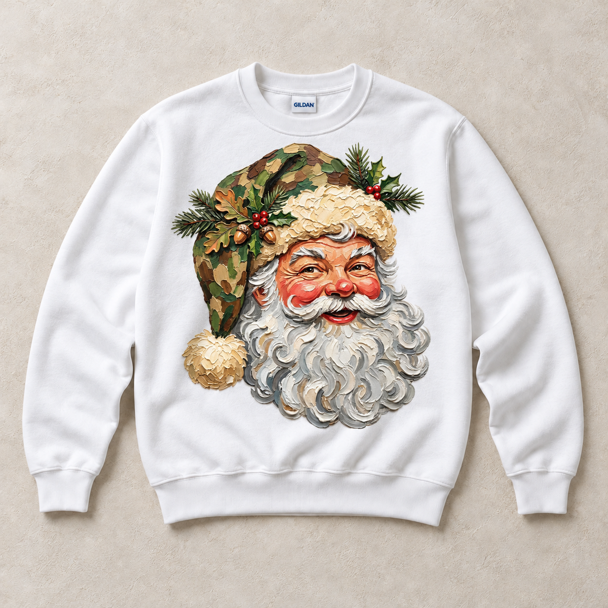 White Gildan crewneck sweatshirt with woodland camouflage Santa graphic