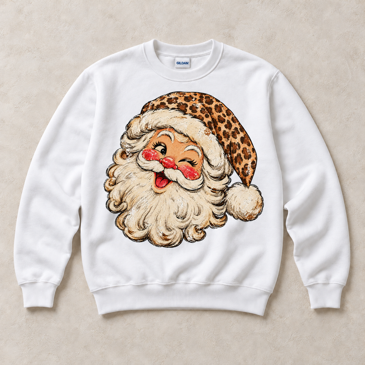 White Gildan crewneck sweatshirt with vintage winking leopard Santa graphic