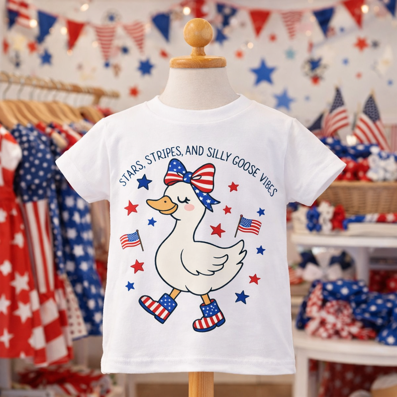 Stars, Stripes & Silly Goose Vibes Kids Patriotic | Cute 4th of July Silly Goose graphic T-shirt by Madi Moosh