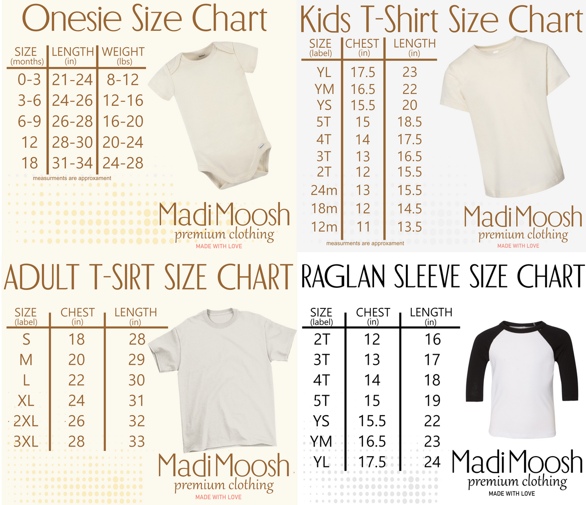 Madi Moosh infant toddler and youth shirt size chart and measurements