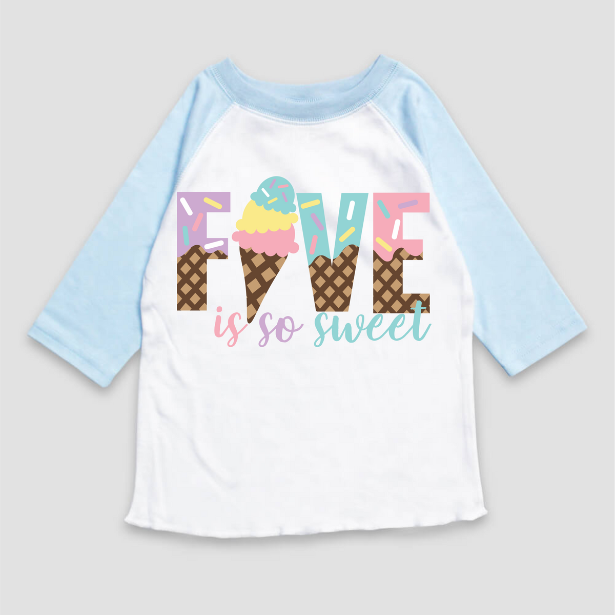 Five Is So Sweet Ice Cream Birthday design on a blue garment.