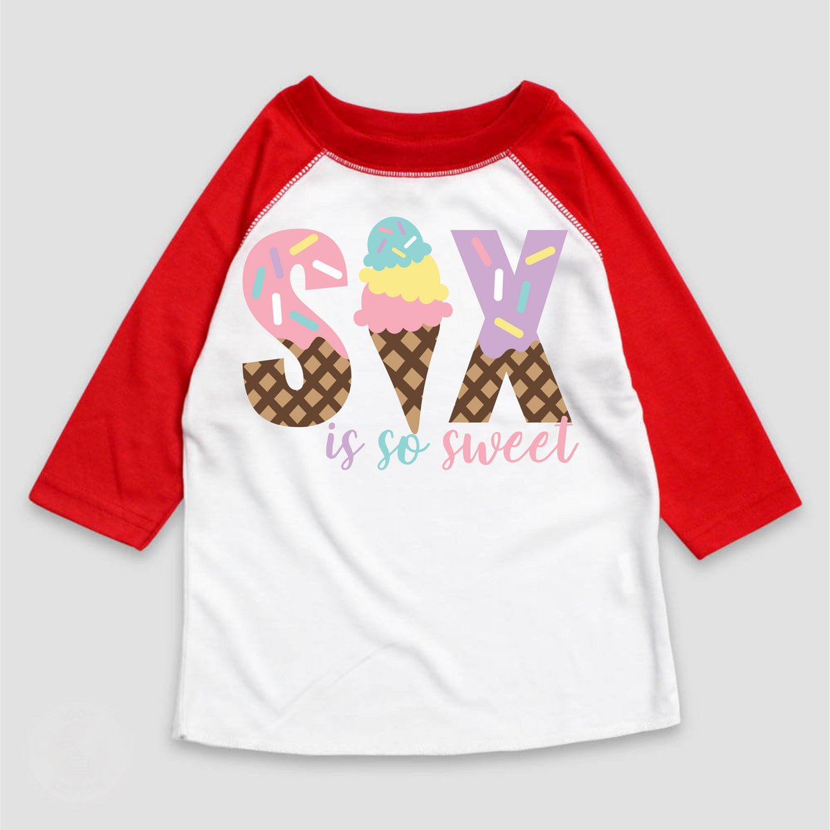 Six Is So Sweet Ice Cream Birthday design on a red-accented shirt.