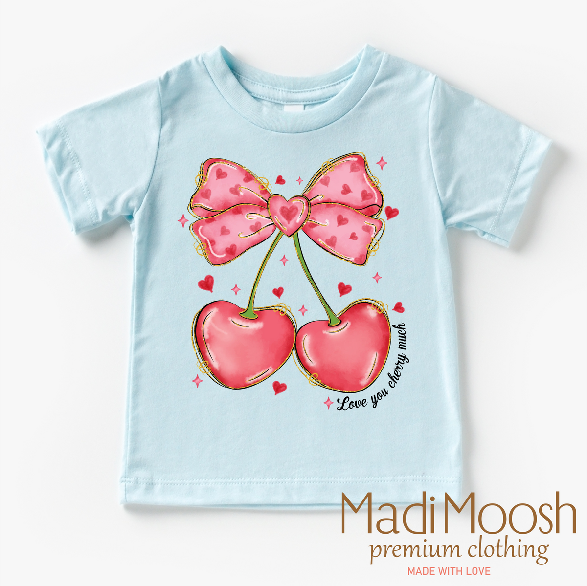 Love You Cherry Much Valentine's Day design on a blue garment.