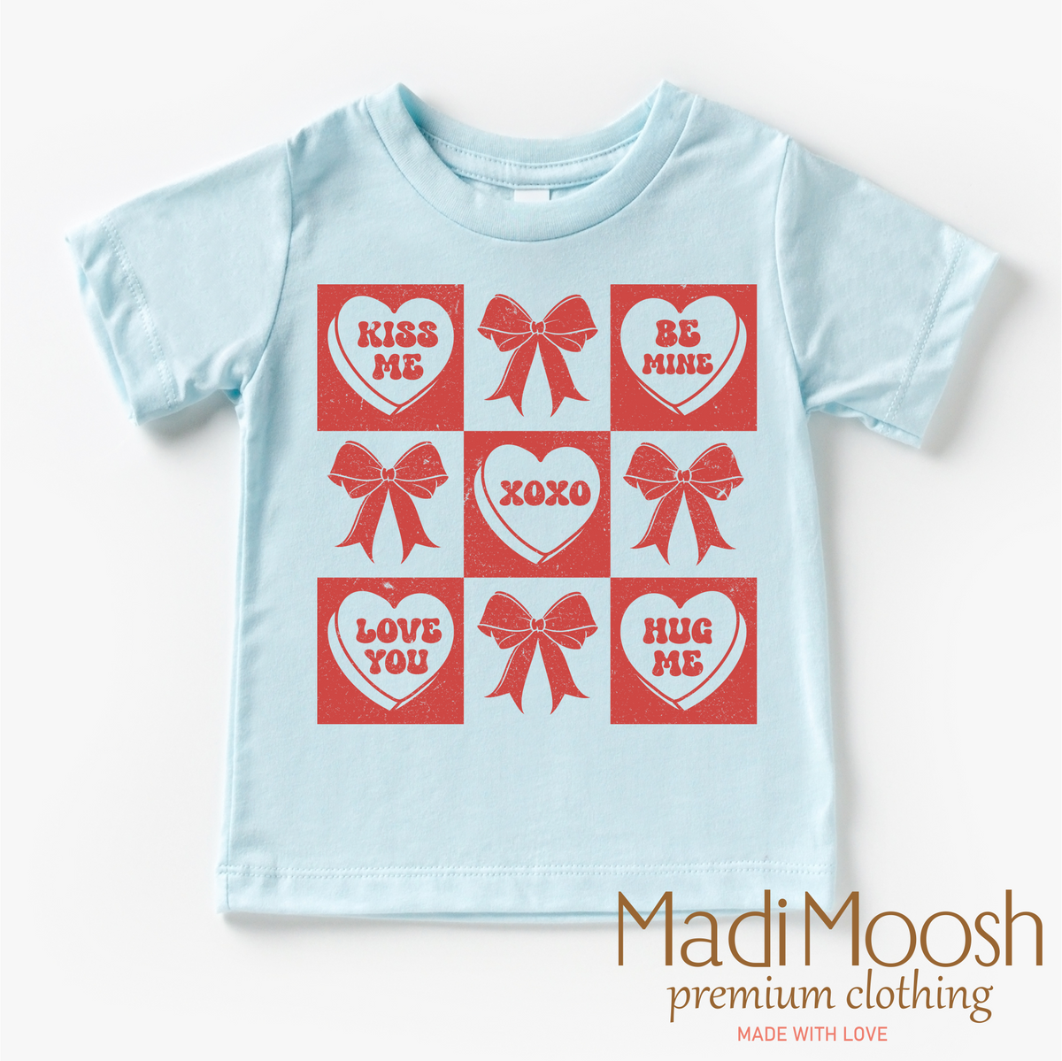 Candy Hearts And Bows Valentine's Day design on a blue garment.