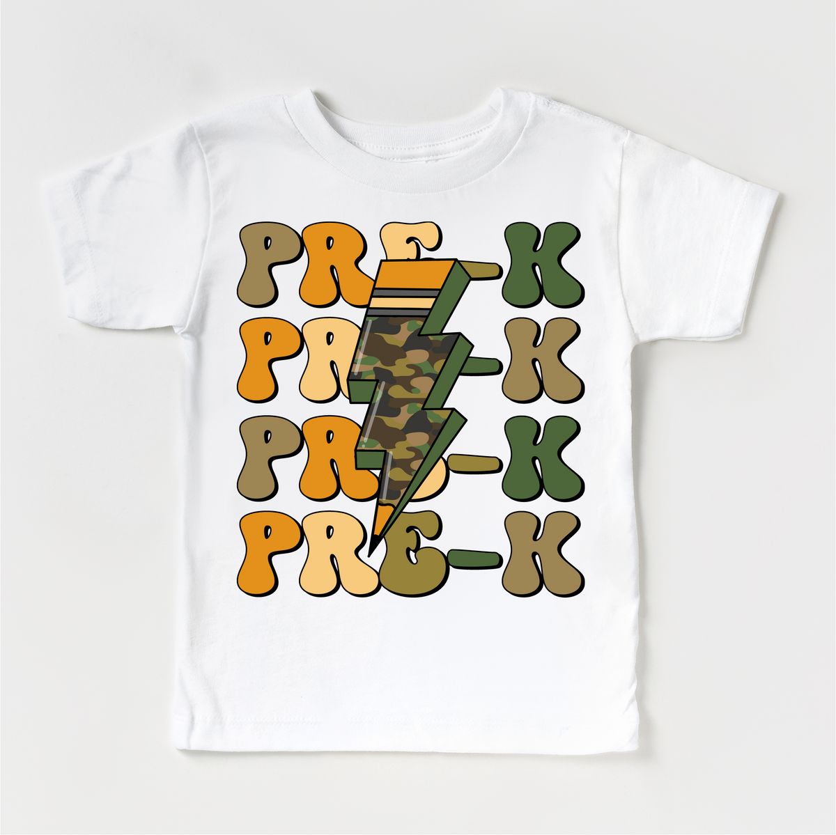Pre-K Camo Lighting Bolt design on a white garment.