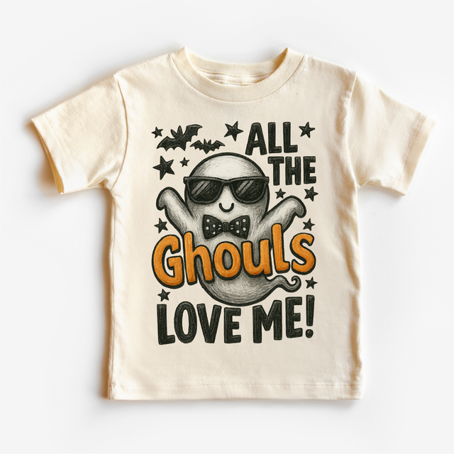 All the Ghouls Love Me Halloween ghost graphic on a natural T-shirt
