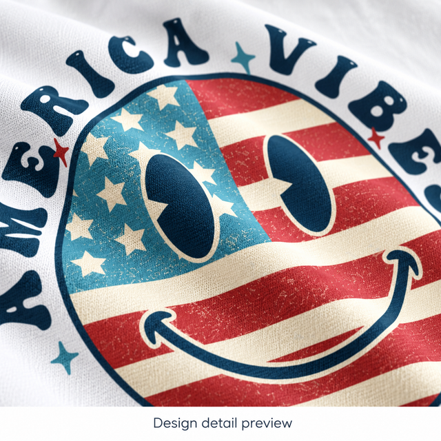Illustrative America Vibes design detail preview showing the flag smiley artwork; generated texture