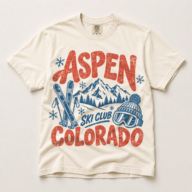 Aspen Ski Club Colorado vintage ski graphic on ivory Comfort Colors T-shirt