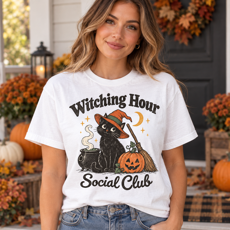 Witching Hour Social Club Comfort Colors Halloween shirt in White worn by a female model