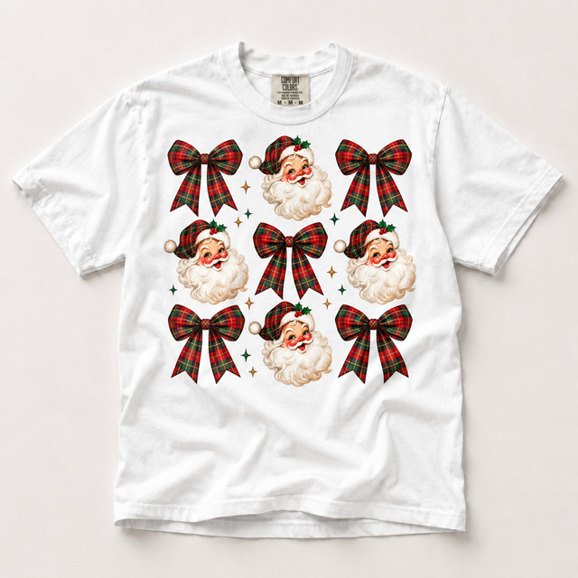 Plaid Santa and Bows Christmas Shirt – Comfort Colors Tee in white