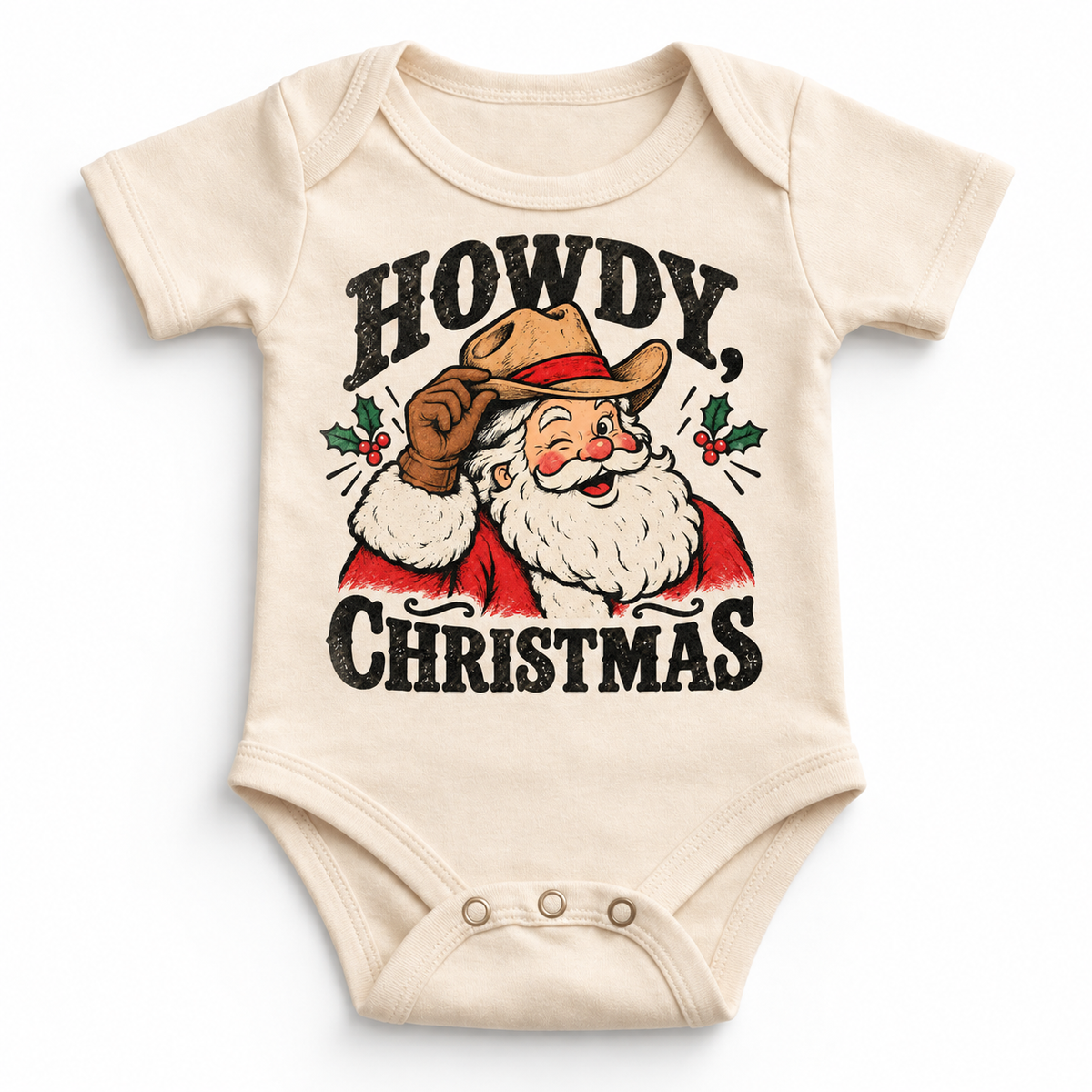 Howdy Christmas Christmas graphic on natural bodysuit, front view on white background