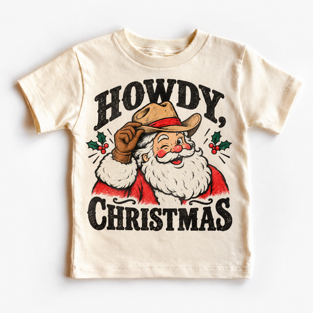 Howdy Christmas Christmas graphic on natural tee, front view on white background