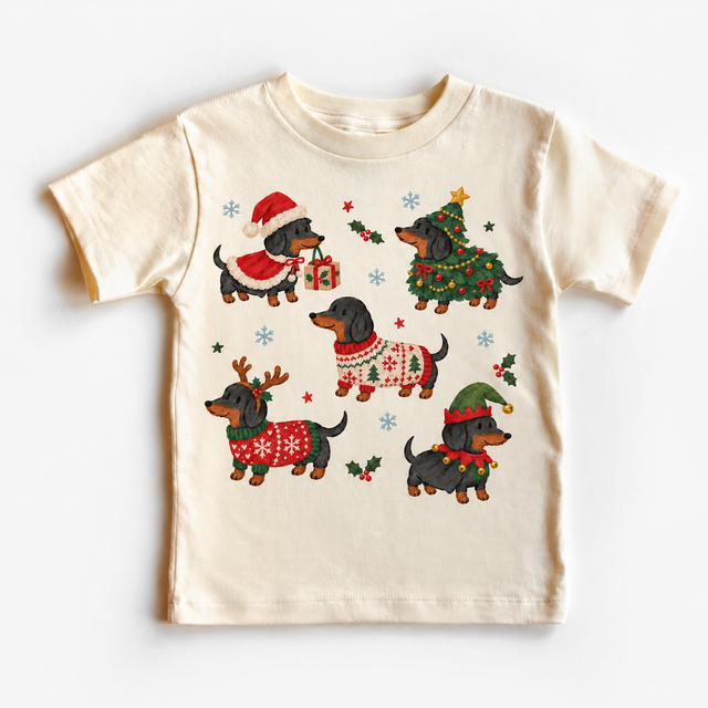 Natural tee with five dachshunds in festive Christmas costumes