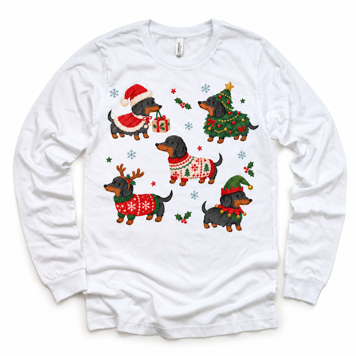 white long sleeve tee with five dachshunds in Christmas costumes, holly and snowflakes