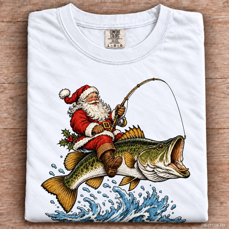 White folded Comfort Colors Santa Bass Fishing Shirt