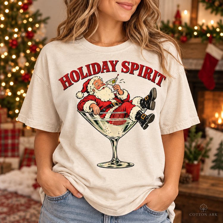 Woman wearing natural Comfort Colors Holiday Spirit Santa Martini Shirt